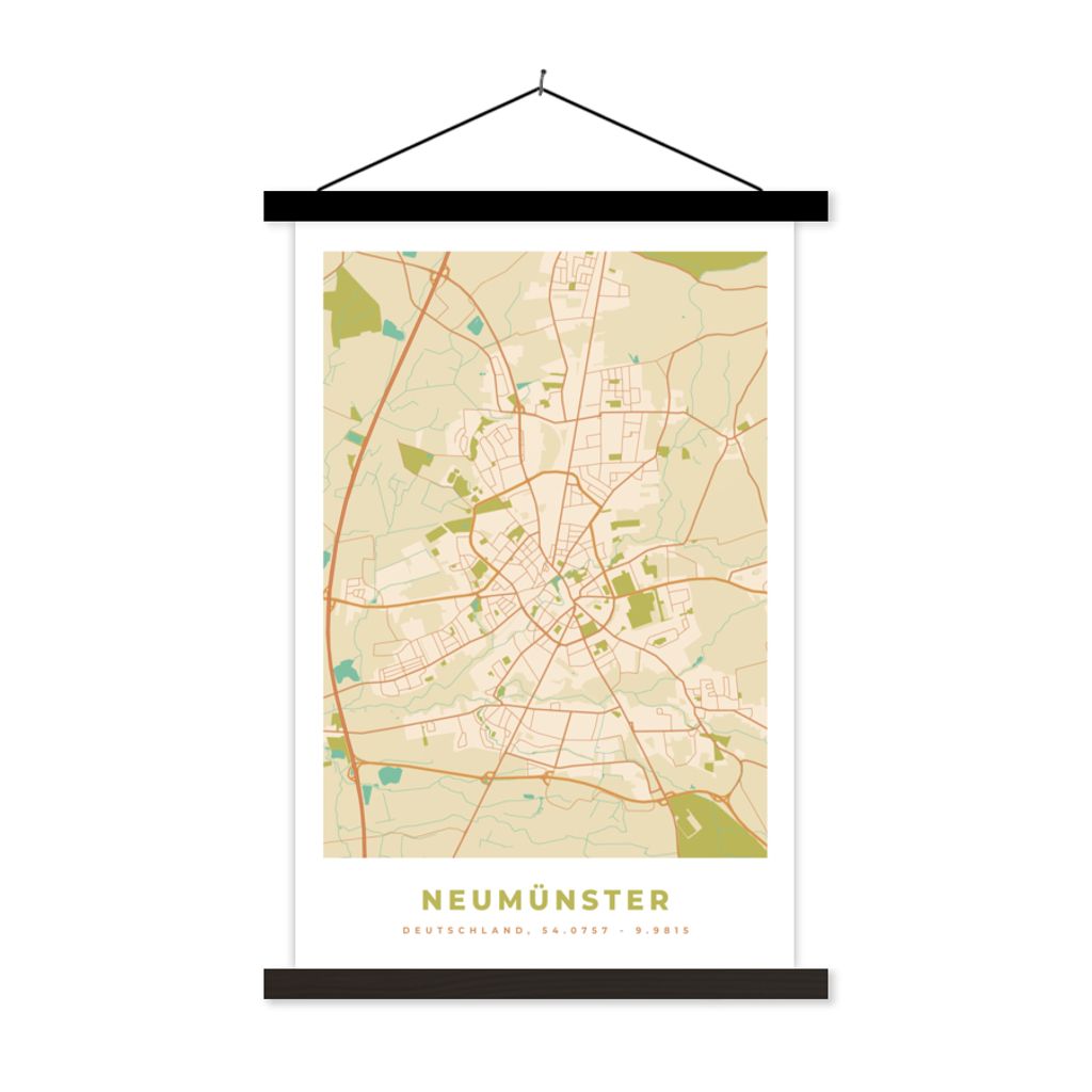 MuchoWow Textilposter Karte - Neumünster - Karte - Stadtplan - Vintage 120x180 cm mit schwarzem Rahmen - Fotos