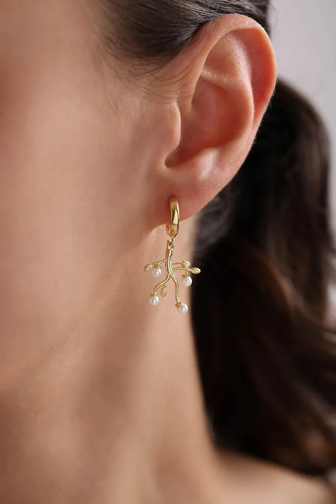 Boucles d'oreilles branche en argent 925 avec perle d'eau douce fine