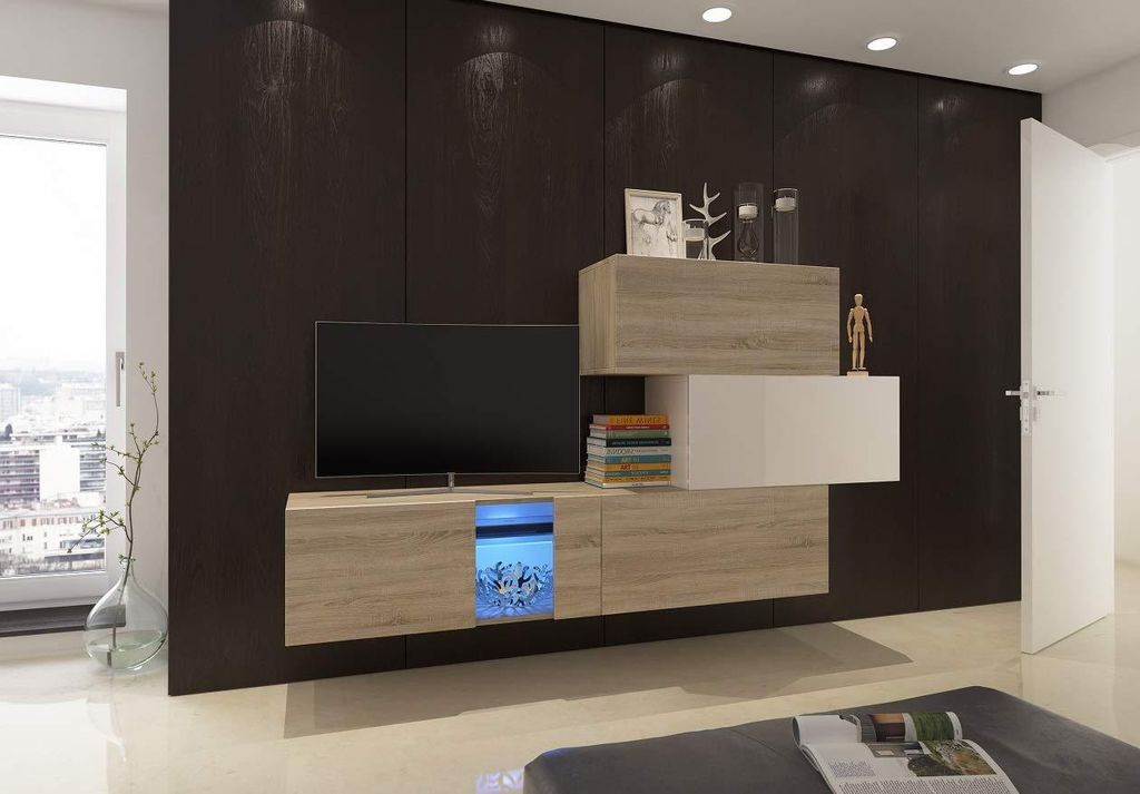 Furnitech Wohnwand Wohnzimmer - Wohnzimmer Möbel mit LED RGB - 16 Farben - Hängend Wohnwand Modern - Regale und TV Schrank (Troja AN85-17WS-HGM41...