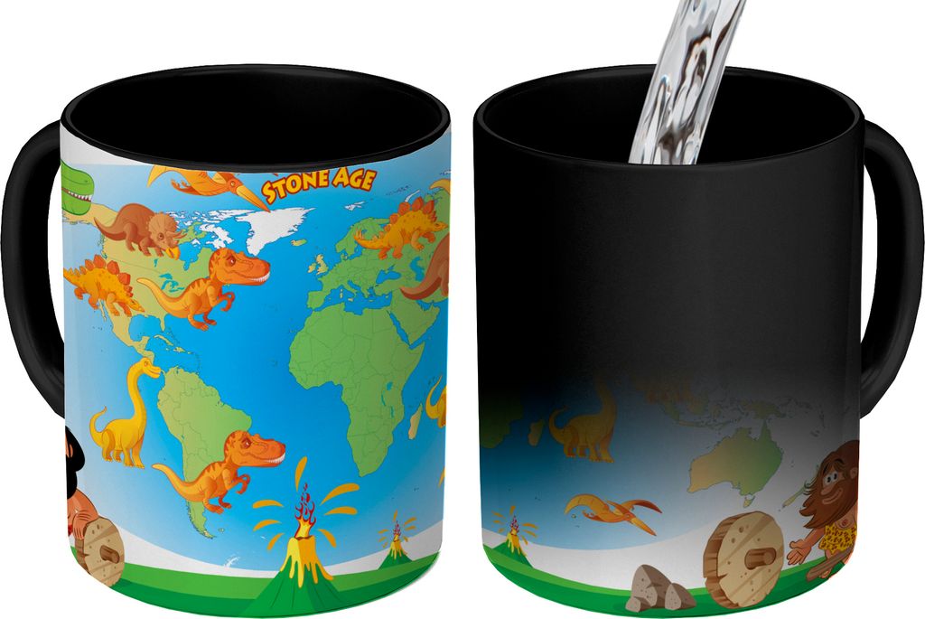MuchoWow Zauber Tasse Zaubertasse Magic Weltkarte Kinder - Dinosaurier - Vulkan 350 ml Farbwechsel Becher Geschenk Geschenkidee - Magic-Tasse - F...