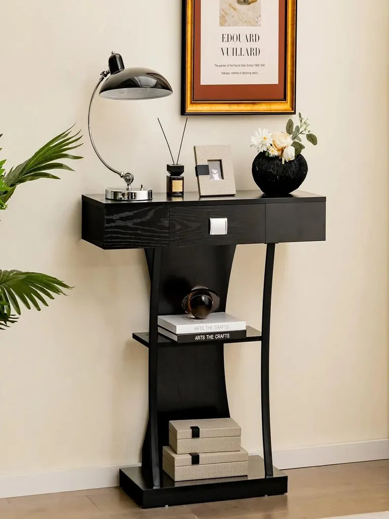 Console en bois noir avec tiroirs et structure métallique - Modèle INDUS