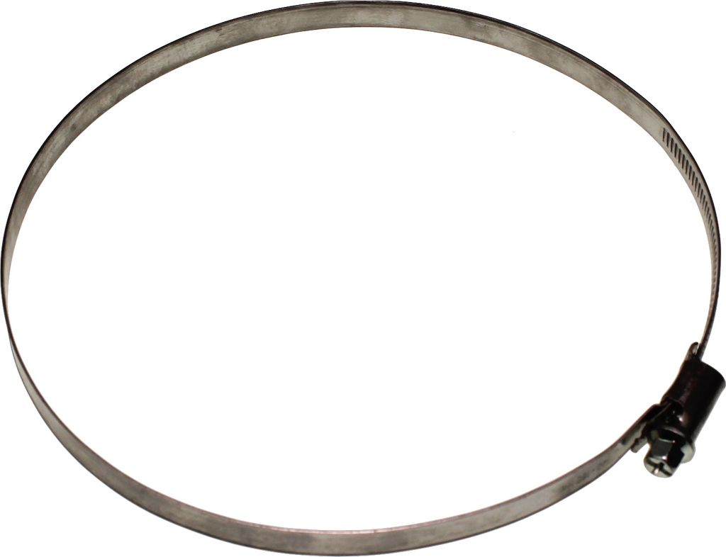A metal hose clamp on a white background.