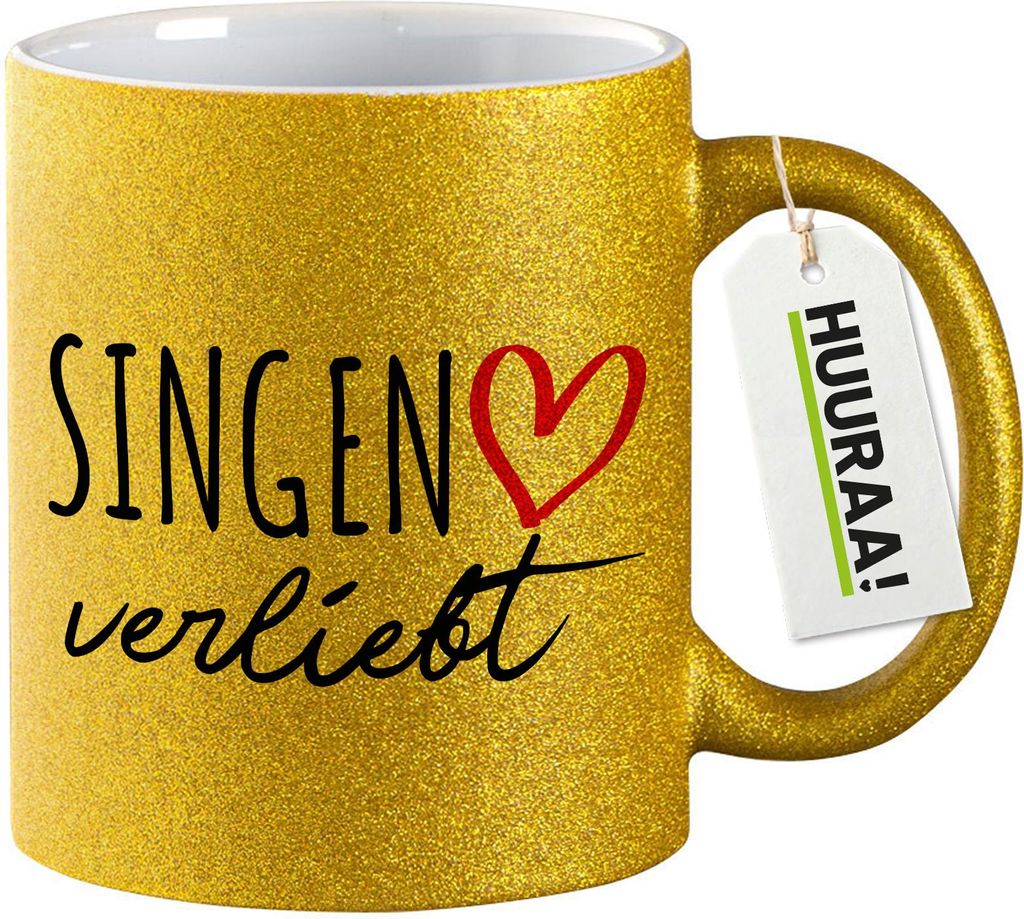 Huuraa Glitzertasse Singen (Hohentwiel) verliebt 330ml Gold Keramik Kaffeebecher Geschenkidee