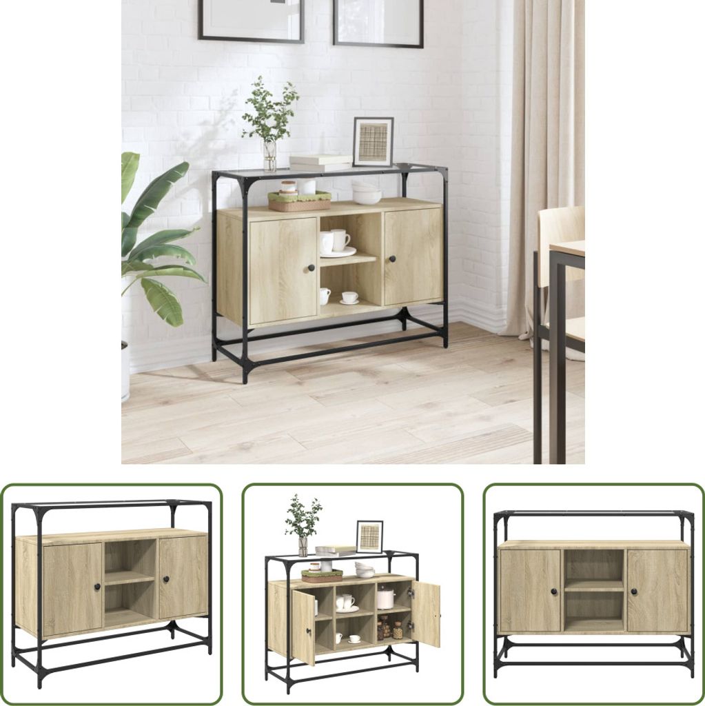 The Living Store Sideboard mit Glasplatte Sonoma-Eiche 98x35x81 cm Holzwerkstoff