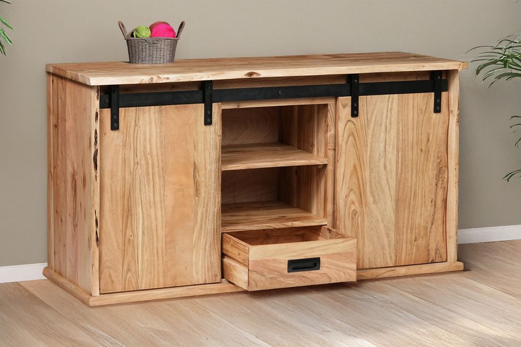 Lowboard 128x45x70 cm Baumkante Akazienholz massiv natur gusseiserne Elemente LIAN IV