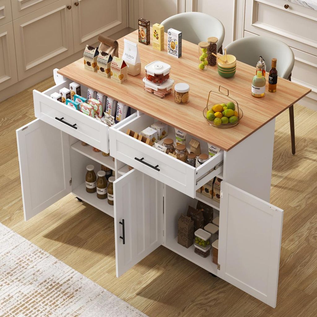 Esstischwagen Weiß 129x46(71)x91,5 cm mit Klapptischplatte, 2 Schubladen, Schrank mit Einlegeböden, Kücheninsel auf 5 Rollen