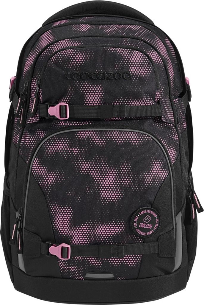 A black and pink patterned backpack is shown against a white background.