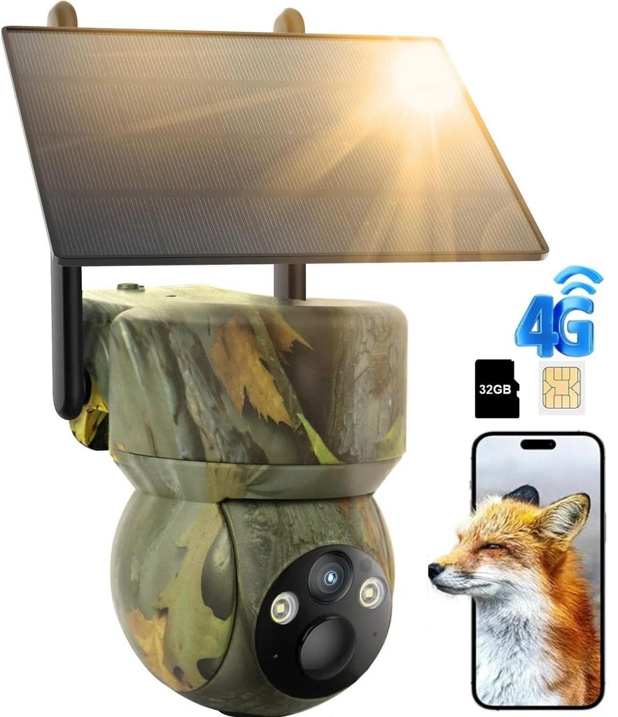 4G LTE Wildkamera Solar 2K 360° PZT Wildkamera mit Handyübertragung App Wildtierkamera mit SIM-Karte 32GB Speicherkarte Bewegungsmelder Nachtsicht