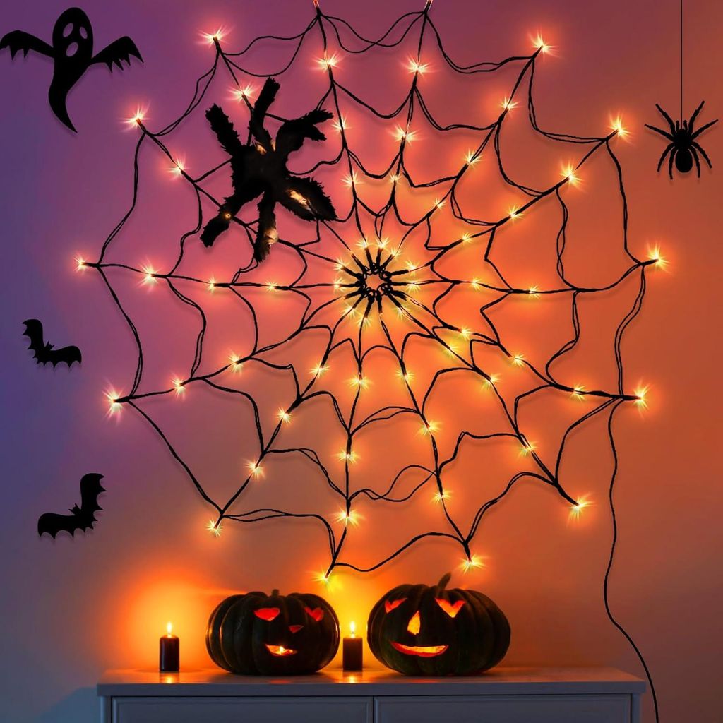 Halloween-Spinnennetz-Lichterkette – Plüsch – 70 LEDs – Produktbild 