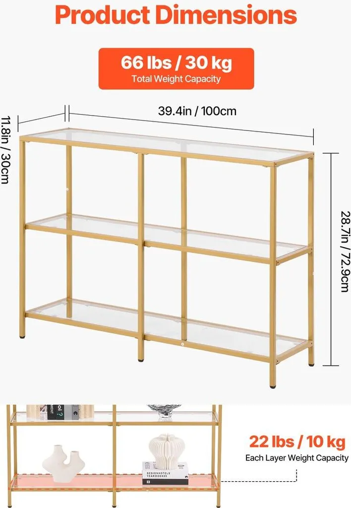 Table console stable anti-chute avec 3 plateaux de rangement chic doré - 3