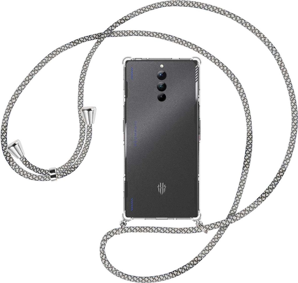 Handykette Backcover-Schutzhülle mit Band (Metall silberfarben) für ZTE nubia Red Magic 8S Pro (6.8'') - weiß/grau kariert