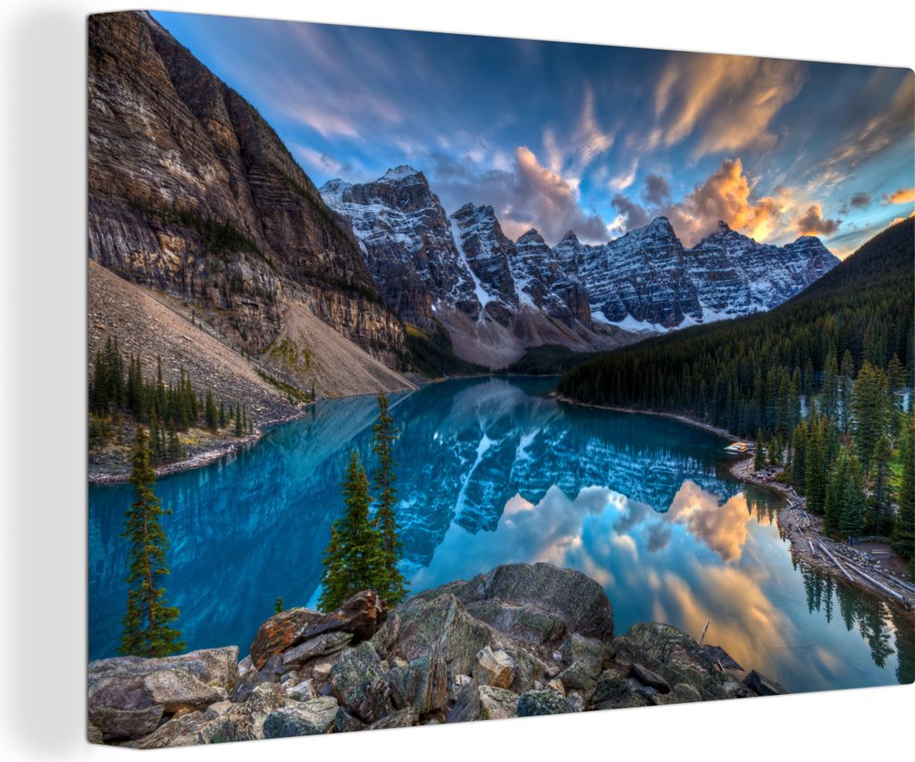 MuchoWow - Leinwandbilder - Dämmerung am Moraine Lake in Kanada, Wandbild, Wanddeko Bilder Wohnzimmer, 120x80 cm