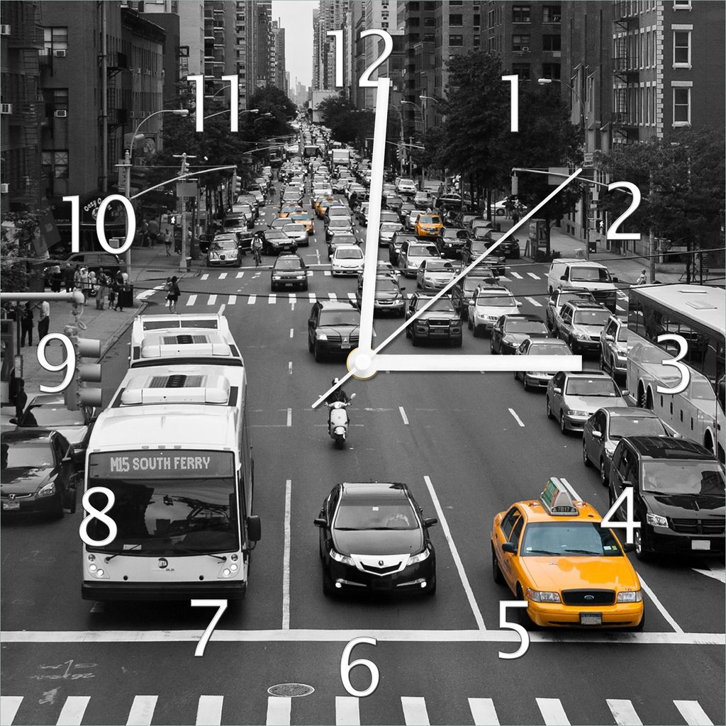 Wallario Design Wanduhr New York Yellow Taxi I aus Echtglas, Größe 30 x 30 cm