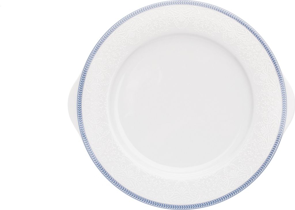 Thun 1794 Kuchenteller, tschechisches Porzellan, weiße Spitze, blauer Rand, 27 cm, Thun