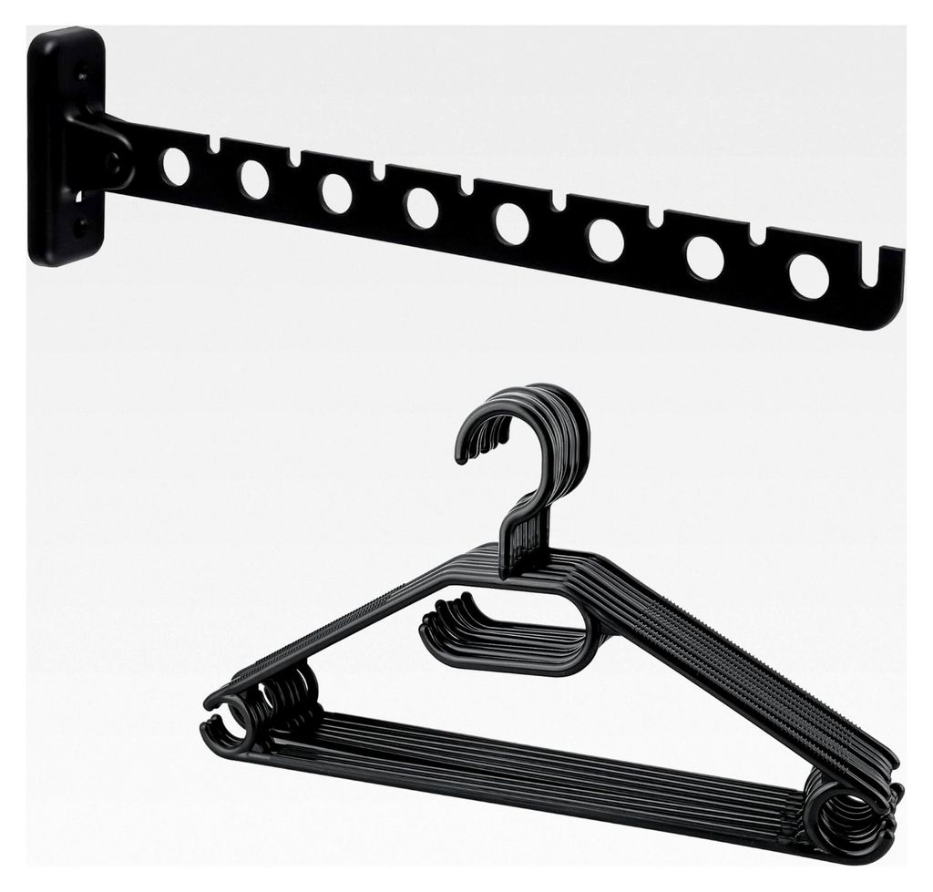 Klappbare Kleiderhaken mit 8 Kleiderbügeln in Schwarz, 31 cm Edelstahl, Garderobe zum Bohren für Balkon, Waschküche, Badezimmer