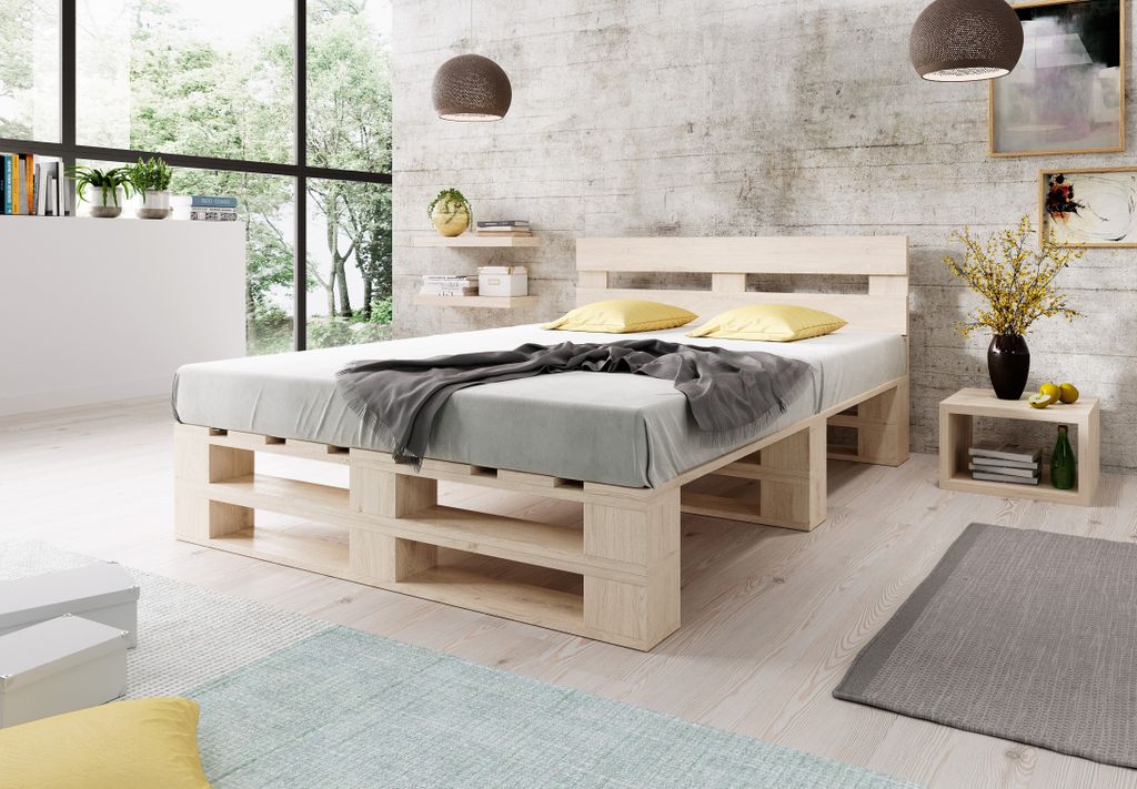 Lermowood Palettenbett M2 200 x 200 cm mit Kopfteil Natur Holzbett Massivholzbett Bett aus Paletten Seniorenbett Kinderbett Jugendbett