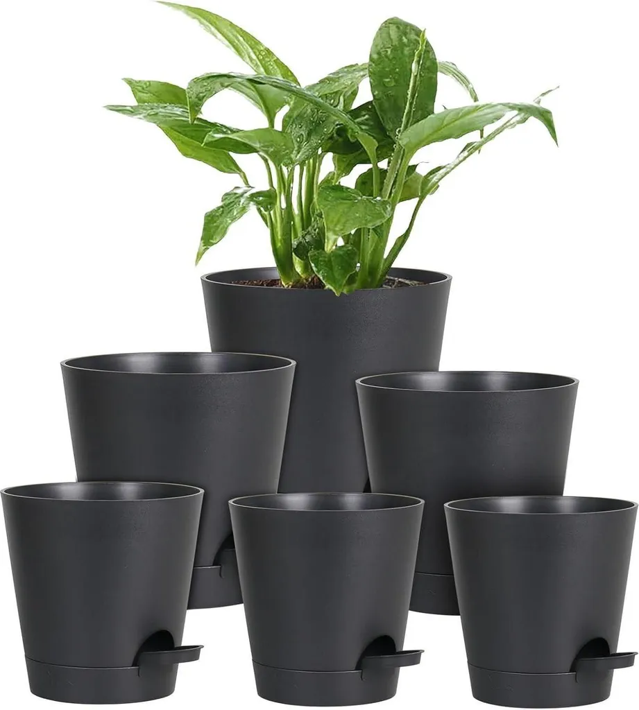 Lot 6 pots de fleurs auto-irrigants Pure Black, drainage et réserve d'eau