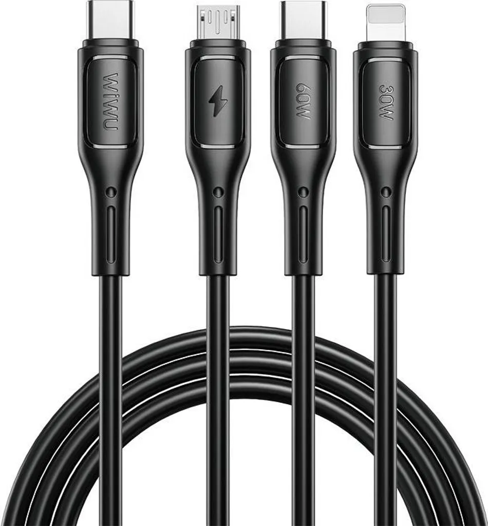 wiwu, 3-in-1 USB-C, Micro USB, Lightning 60W ricarica rapida 1m, nero