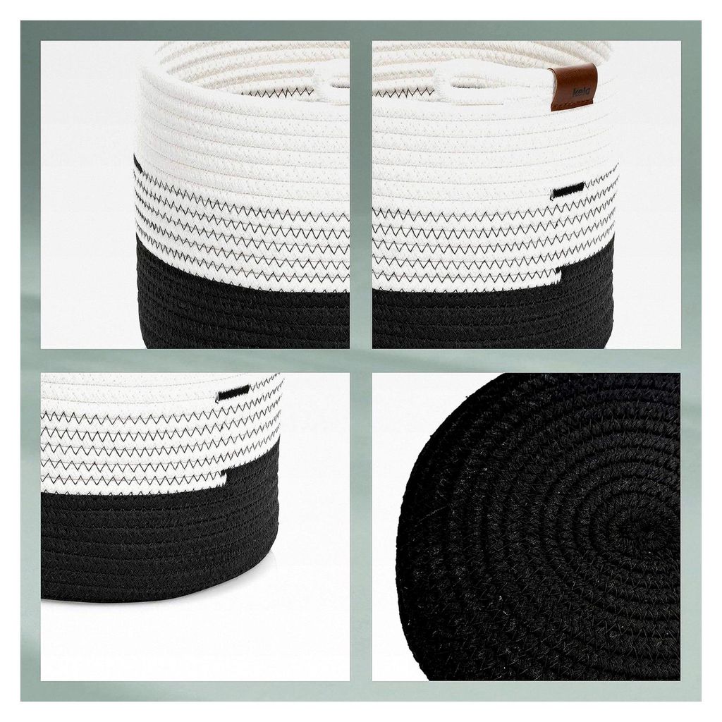 Aufbewahrungskorb Ø 32 x 15 cm, HEDDA, Baumwoll-Flechtkorb, Seilkorb für Decken, Handtücher, Zeitschriften, Spielzeug, weiß-schwarz
