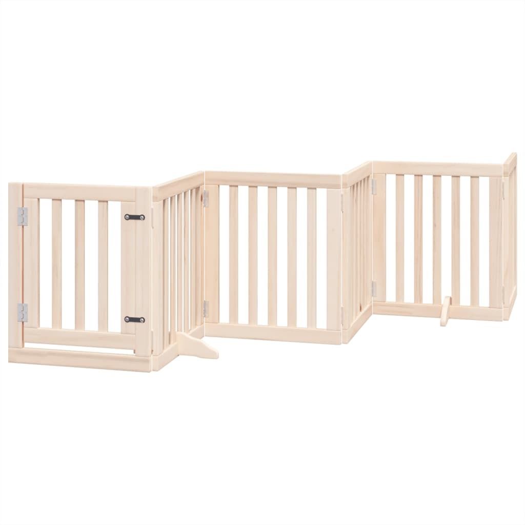A light-colored wooden pet gate with multiple foldable sections and a door, set against a white background.