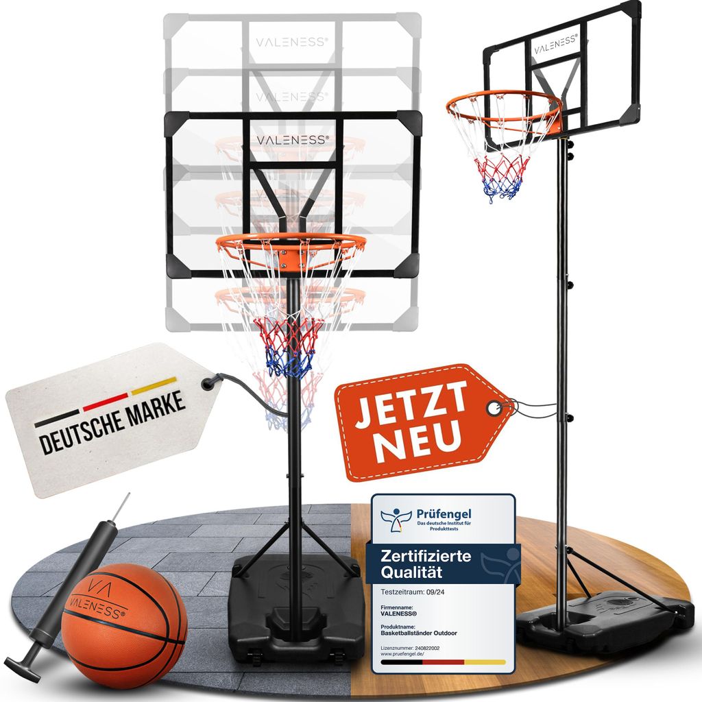 VALENESS Basketballkorb Outdoor - [147 bis 260 cm] Höhenverstellbarer und Wetterfester Ständer - Profi Korb Mit Basketball und Pumpe (Jugendliche)