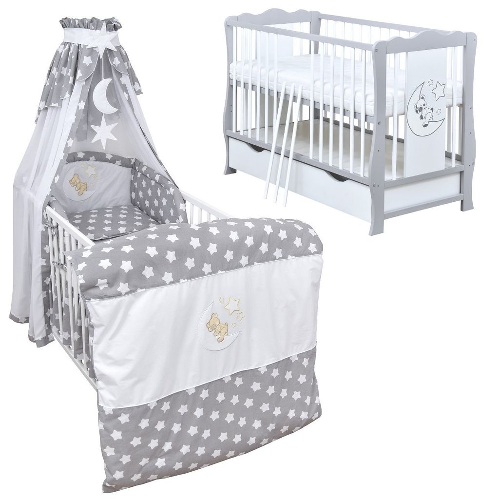 Babybett Kinderbett Weiß 120x60 Schublade Bettset Bettwäsche komplett 
