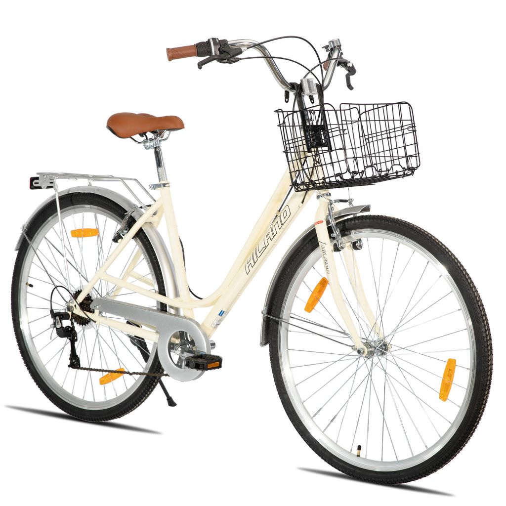 Hiland 28 Zoll City Fahrrad für Erwachsene Männer und Frauen, 7-Gang-Schaltung, Doppelte V-Bremsen, mit Fahrradkorb, Schutzblechen, Gepäckträger
