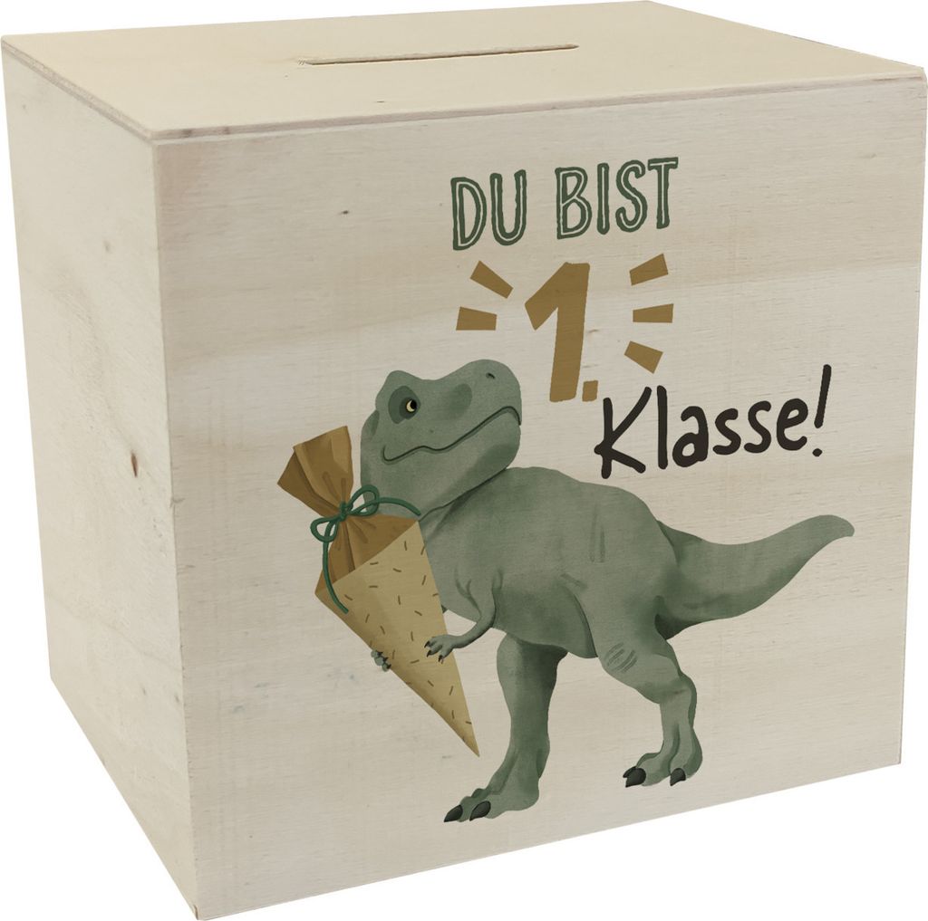 Dino mit Schultüte Spardose aus Holz mit Spruch Du bist 1. Klasse!