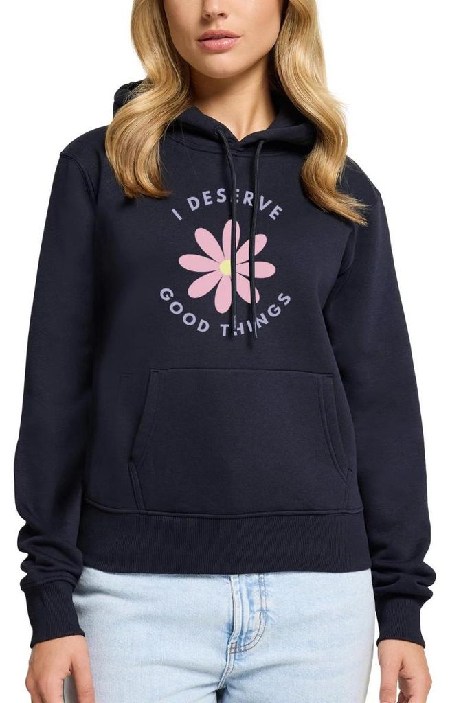 Spreadshirt I Deserve Good Things Statement Hippie Spruch Blumen Damen Premium Hoodie, S, Navy