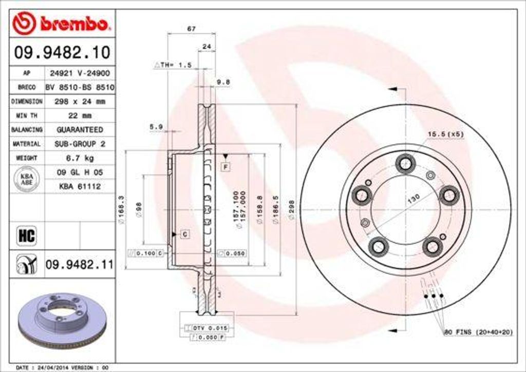 BREMBO 09.9482.11 Bremsscheibe OE 98635140104 kompatibel mit Boxster