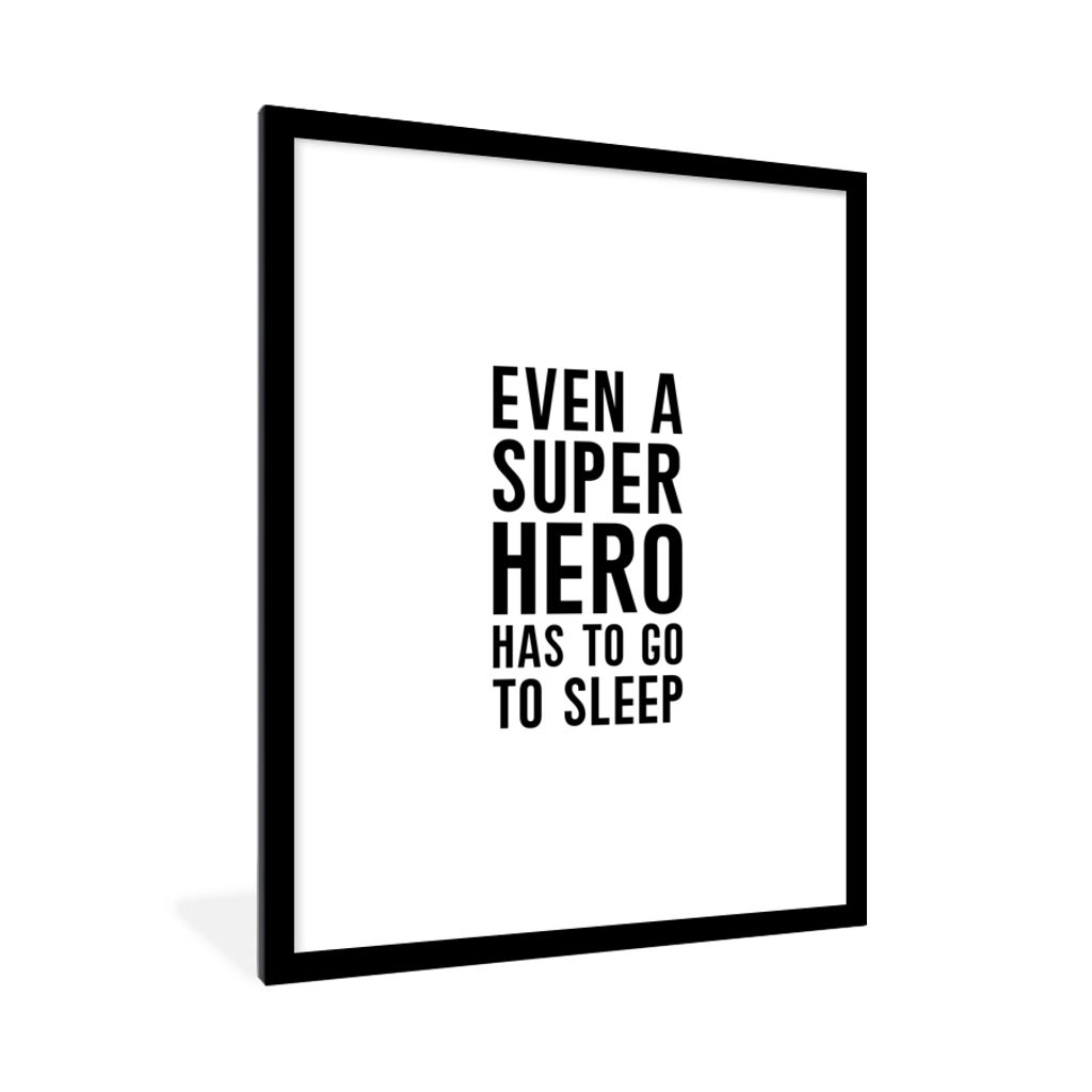 MuchoWow Gerahmtes Poster Zitate - Jungs - Auch ein Superheld muss mal schlafen - Sprichwörter - Kinder 60x80 cm - Poster mit Schwarzem Bilderra...