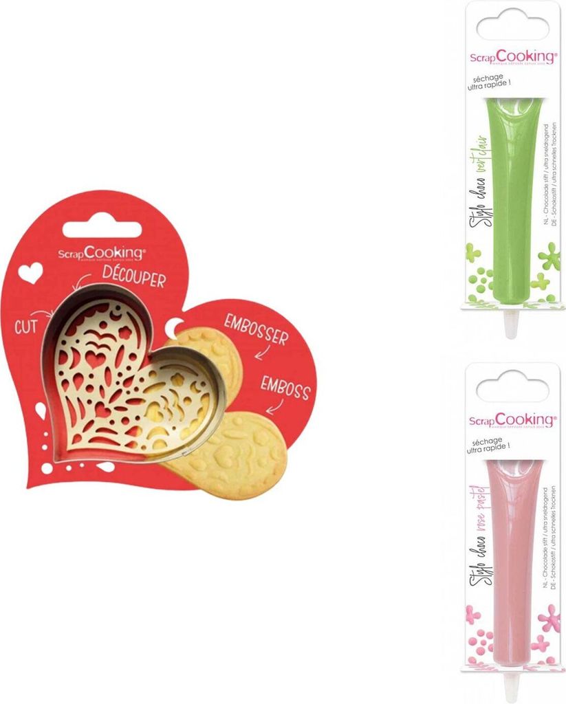 Herz-Relief-Keksset + 2 pastellgrüne und rosa Schokoladenstifte