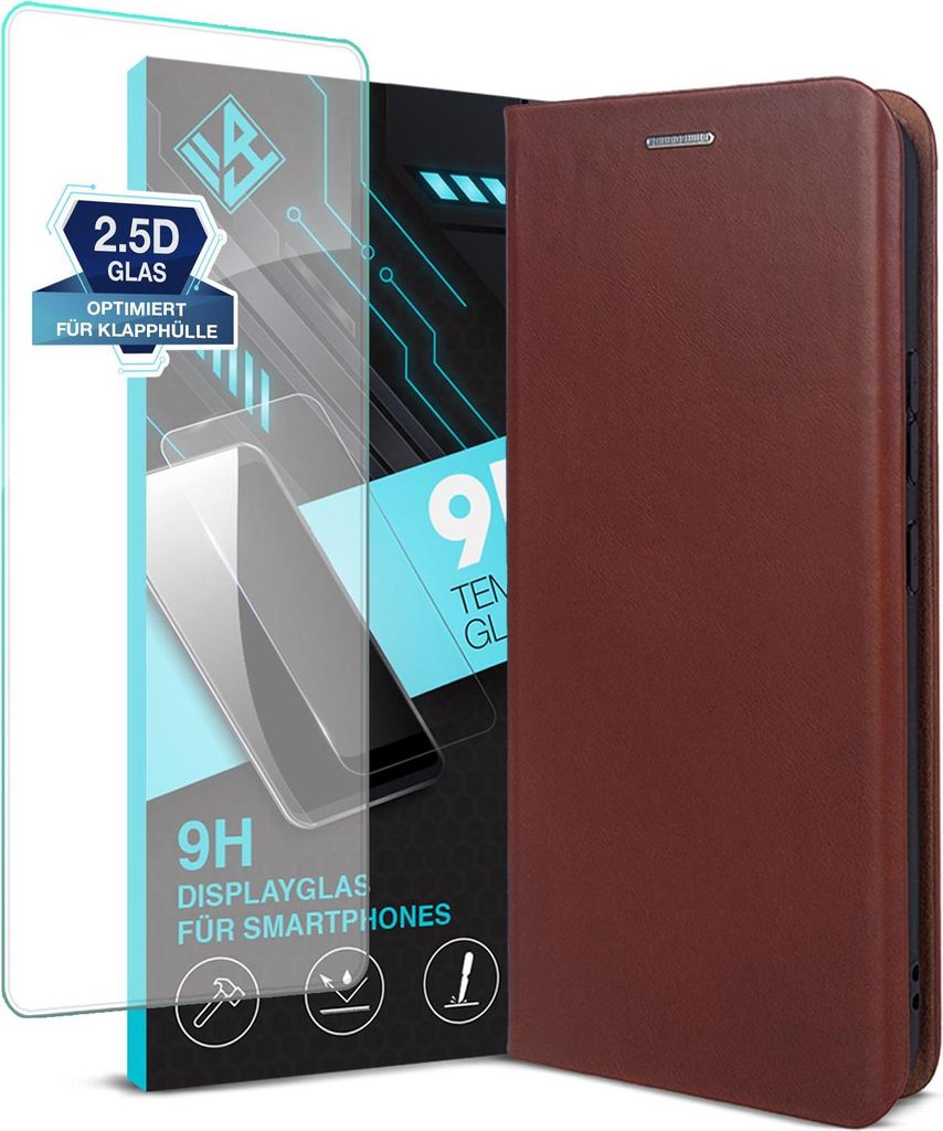 Handyhülle für Samsung Galaxy A56 5G mit 9H Displayglas Echtleder Flip Cover Hülle Case Kartenfach RFID Schutz Farbe: Dunkelbraun