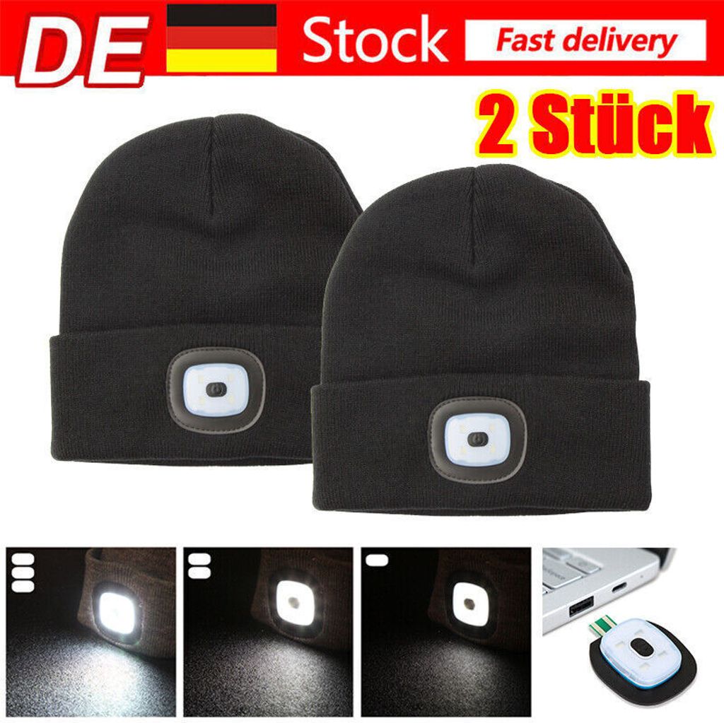 2 X Mütze mit Licht Beleuchtete USB Nachladbare Beanie Produktbild 