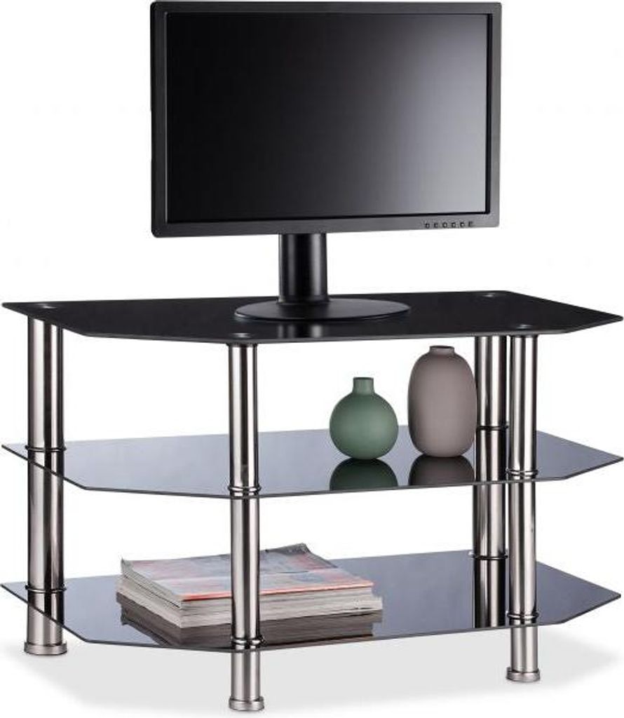 TV-Tisch Lowboard aus gehärtetem, reflektierendem Glas, Schwarz, 88,5x51,2x11,1 cm, Edelstahlbeine