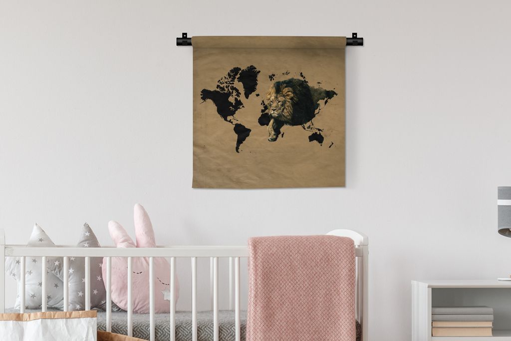 MuchoWow Wandteppich Wandbehang Weltkarte - Löwe - Braun 60x60 cm Tapisserie Dekoration Wandtuch - Dekorationen - Wand Decke