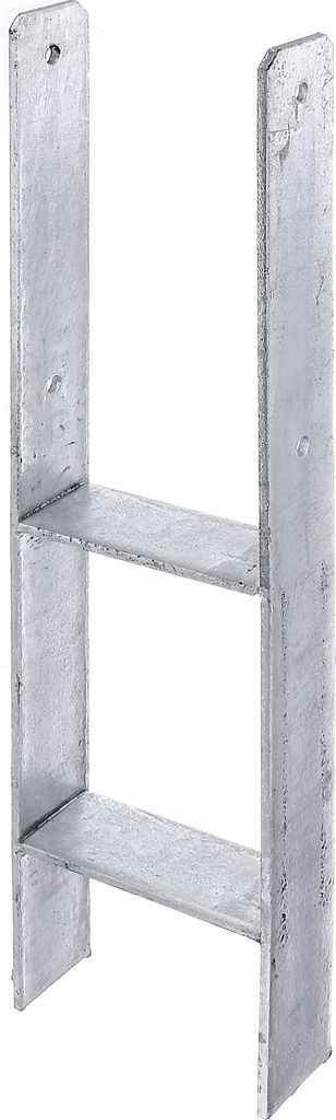 A silver metal H-shaped post anchor with two horizontal supports.