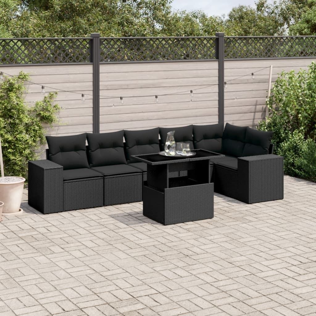 "Rabatt" 7-tlg. Garten-Sofagarnitur - mit sofa - mit Kissen Schwarz Poly Rattan - Lounge-Dining set CC10516