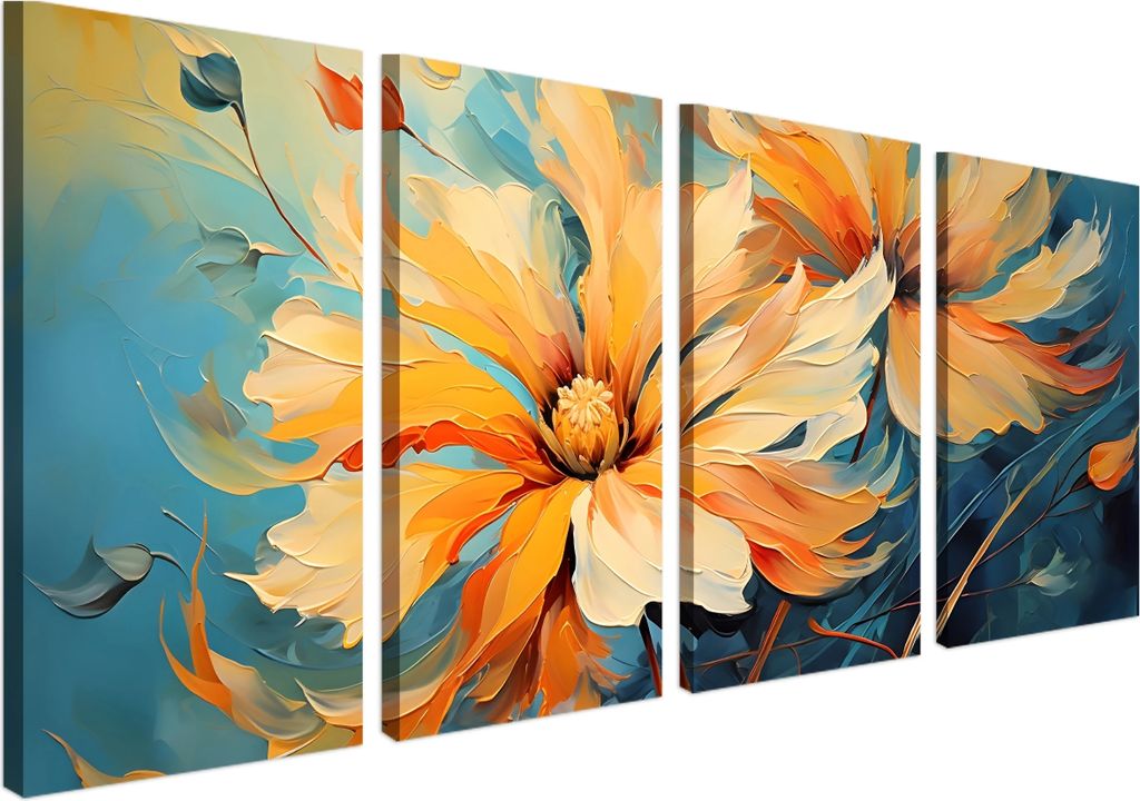 Wandbild Wanddeko Blumen auf Leinwand - ökologische Tinte, Wasserfest - 4 Teilig 60x120 cm Leinwandbilder für wohnzimmer, schlafzimmer