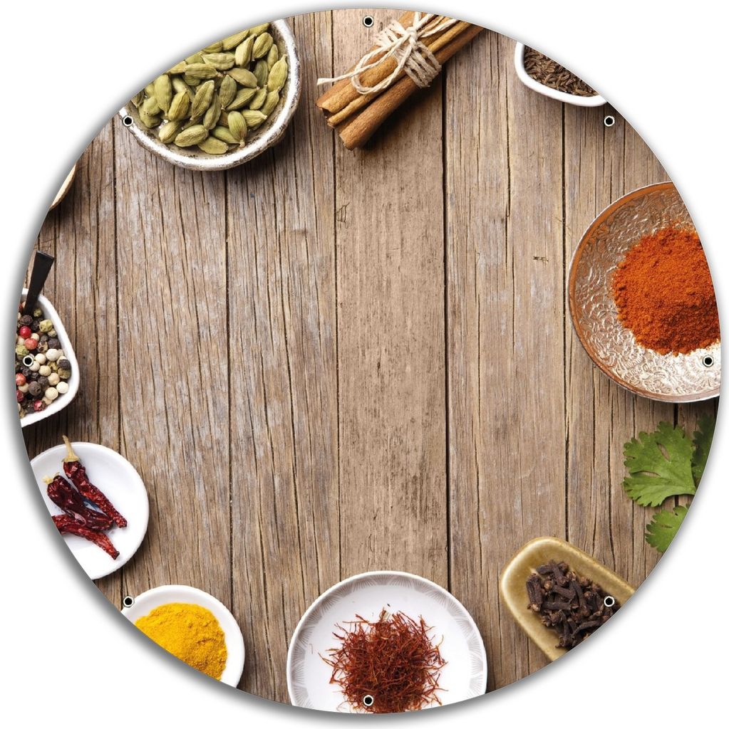 Wallario rundes Outdoor-Poster für Garten oder Balkon, Motiv Gewürze in Schüsseln auf einem alten Holztisch in der Küche, 60 cm Durchmesser
