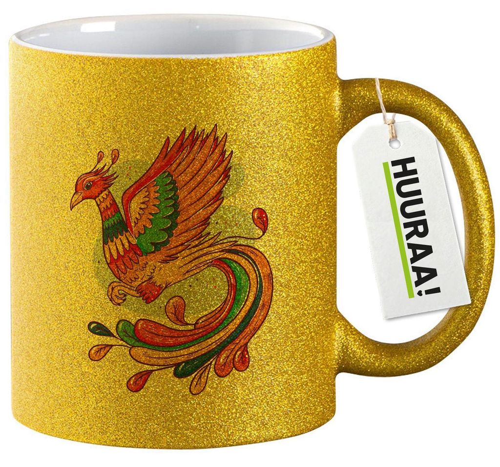 Huuraa Glitzertasse Phönix Fabelwesen 330ml Gold Keramik Kaffeebecher Geschenkidee
