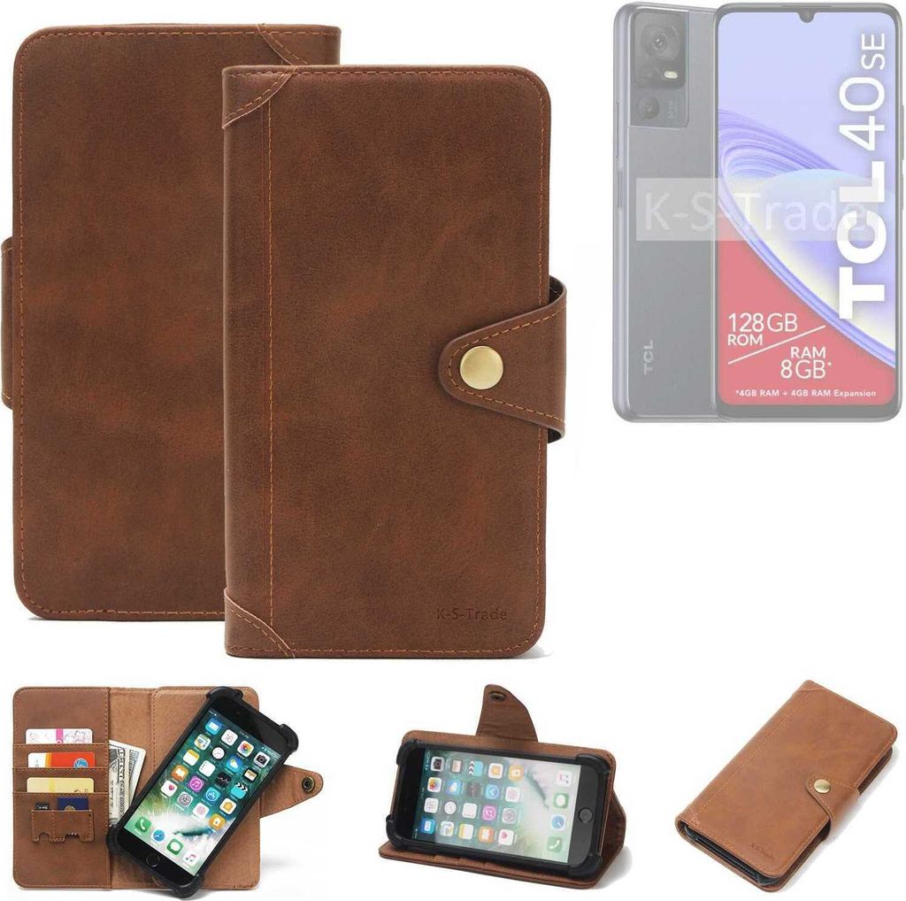 K-S-Trade Handyhülle kompatibel mit TCL 40 SE Schutz Hülle Walletcase Bookstyle Tasche Case Handytasche Wallet Flipcase Cover PolyurethanBraun (1x)