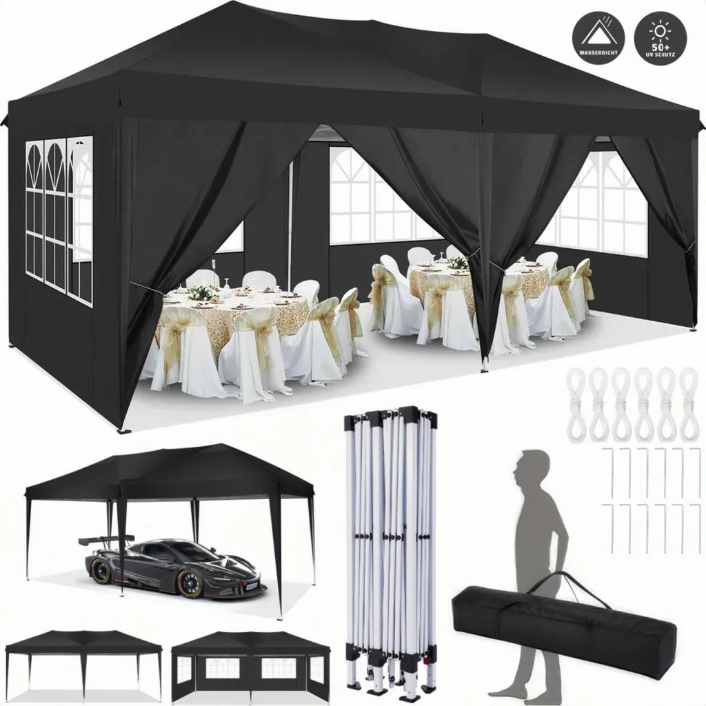 Pavillon 3x6 m hydrofuge gris avec parois et protection UV certifiée