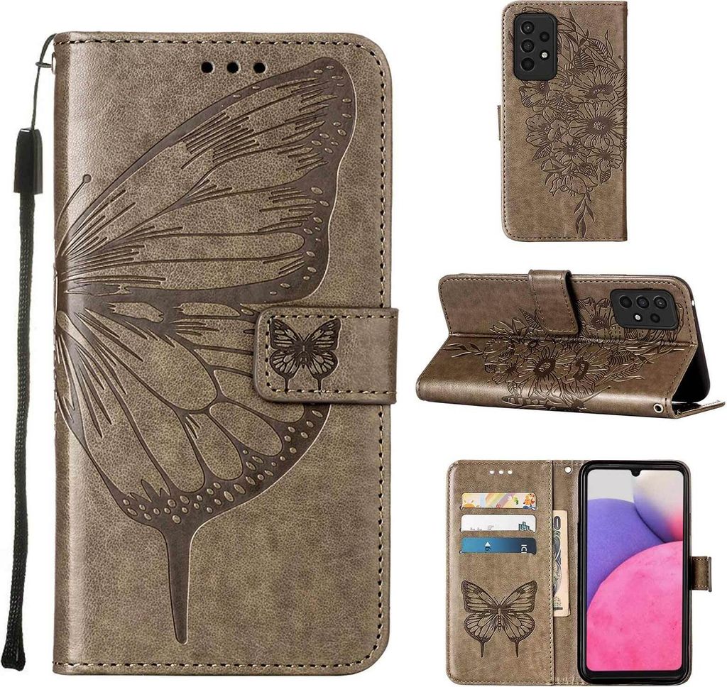 Galaxy A33 5G Hülle, Schmetterling Prägung Flip Leder Kartenfächer Schutzhülle Ledertasche mit Ständer für Samsung Galaxy A33 5G Grau