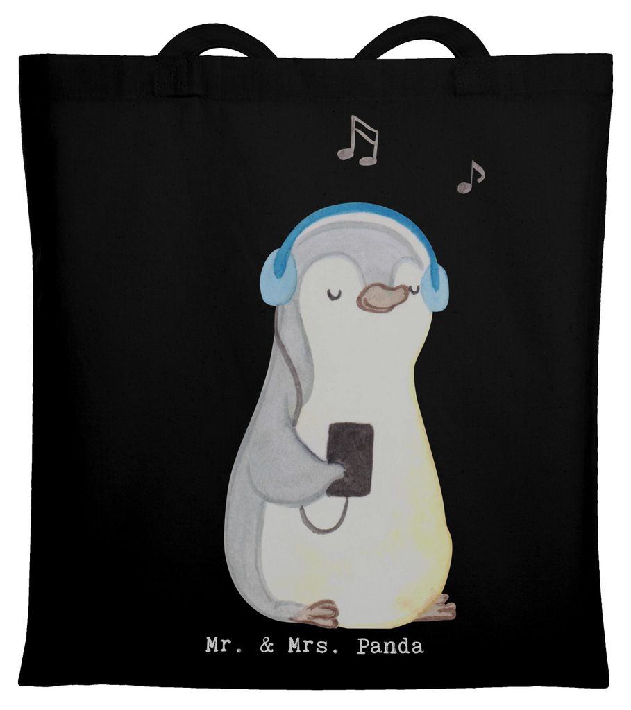 Mr. & Mrs. Panda Stoffbeutel Pinguin Musik hören - Schwarz - Geschenk, Tragetasche, Uni Tasche, Laptoptasche, Tote Bag, Lieblingssong