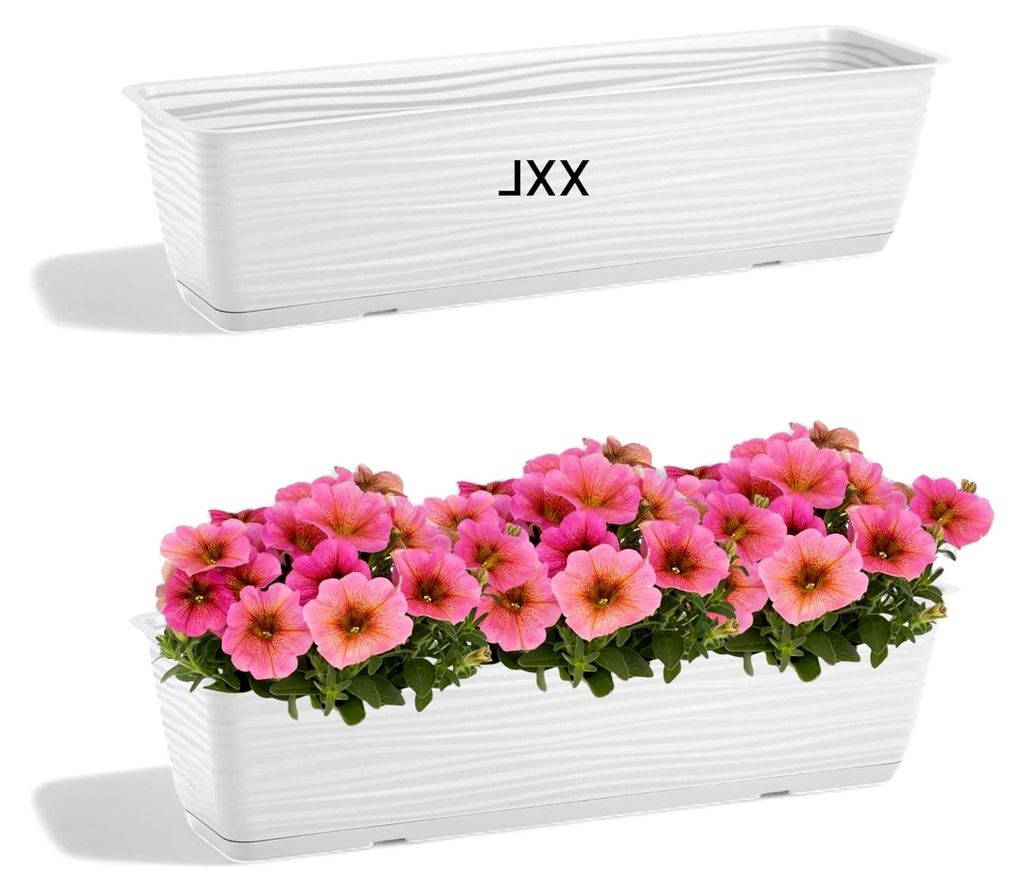 Blumentopf Blumenkasten mit Halter Balkonkasten Wellen 3D Effekt mit Untersetzer (Weiß, XXL- 80cm)
