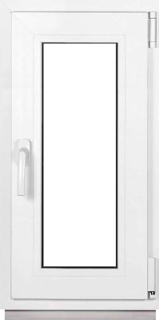A white PVC window with a clear glass pane and a silver handle, shown against a white background.