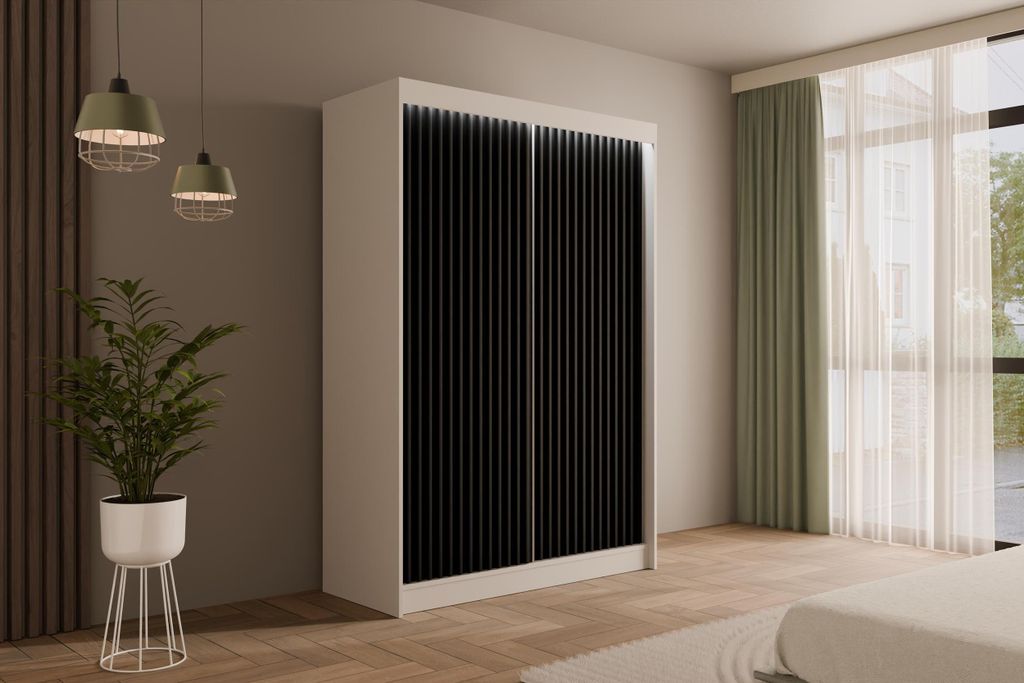 ALTDECOR Kleiderschrank mit Lamel-Schiebetüren, Führungsschienen und Aluminium- Leisten, LED-Beleuchtung und Fernbedienung - VILANv2 - 150 cm Wei...