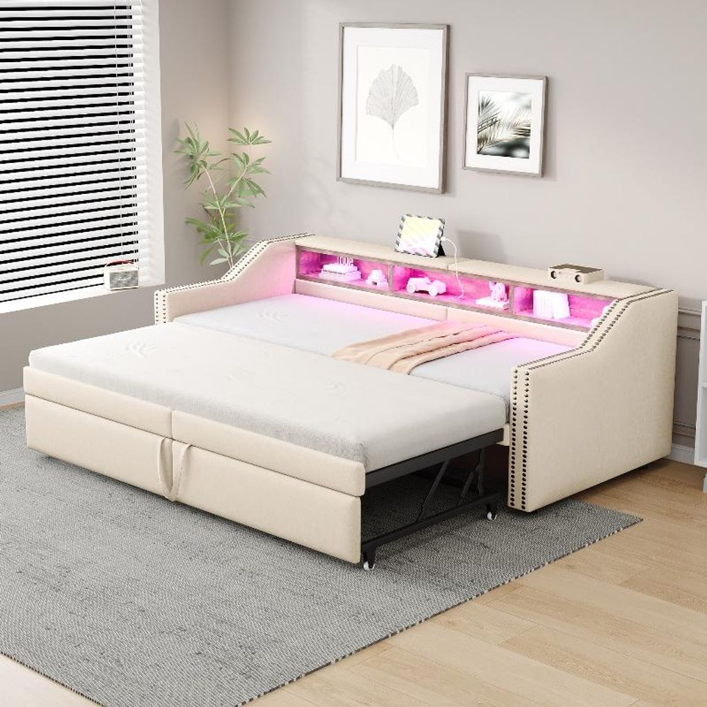 Sofa rozkładane 90x200 cm, po rozłożeniu 180x200 cm, beżowe Zdjęcie produktu 