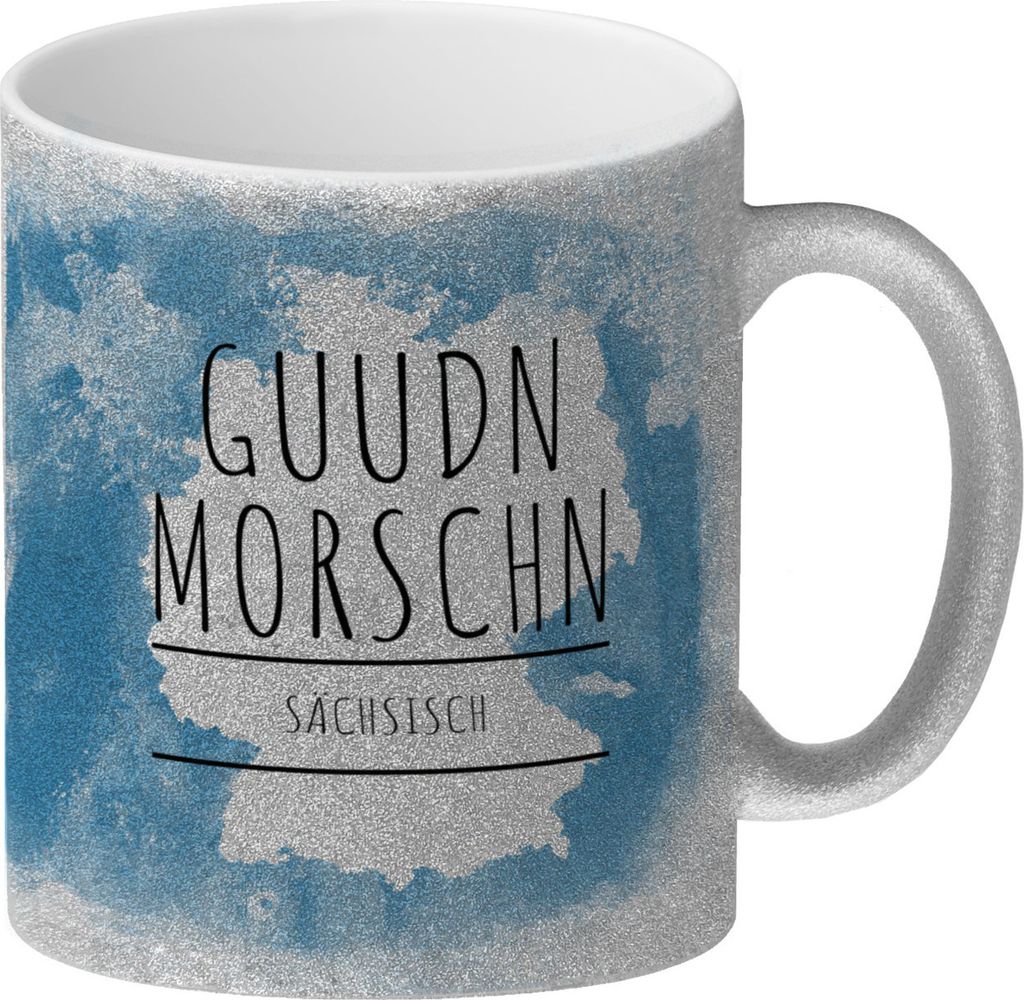 Hallo auf Sächsisch Guudn Morschen lustiger Glitzer-Kaffeebecher mit blauem